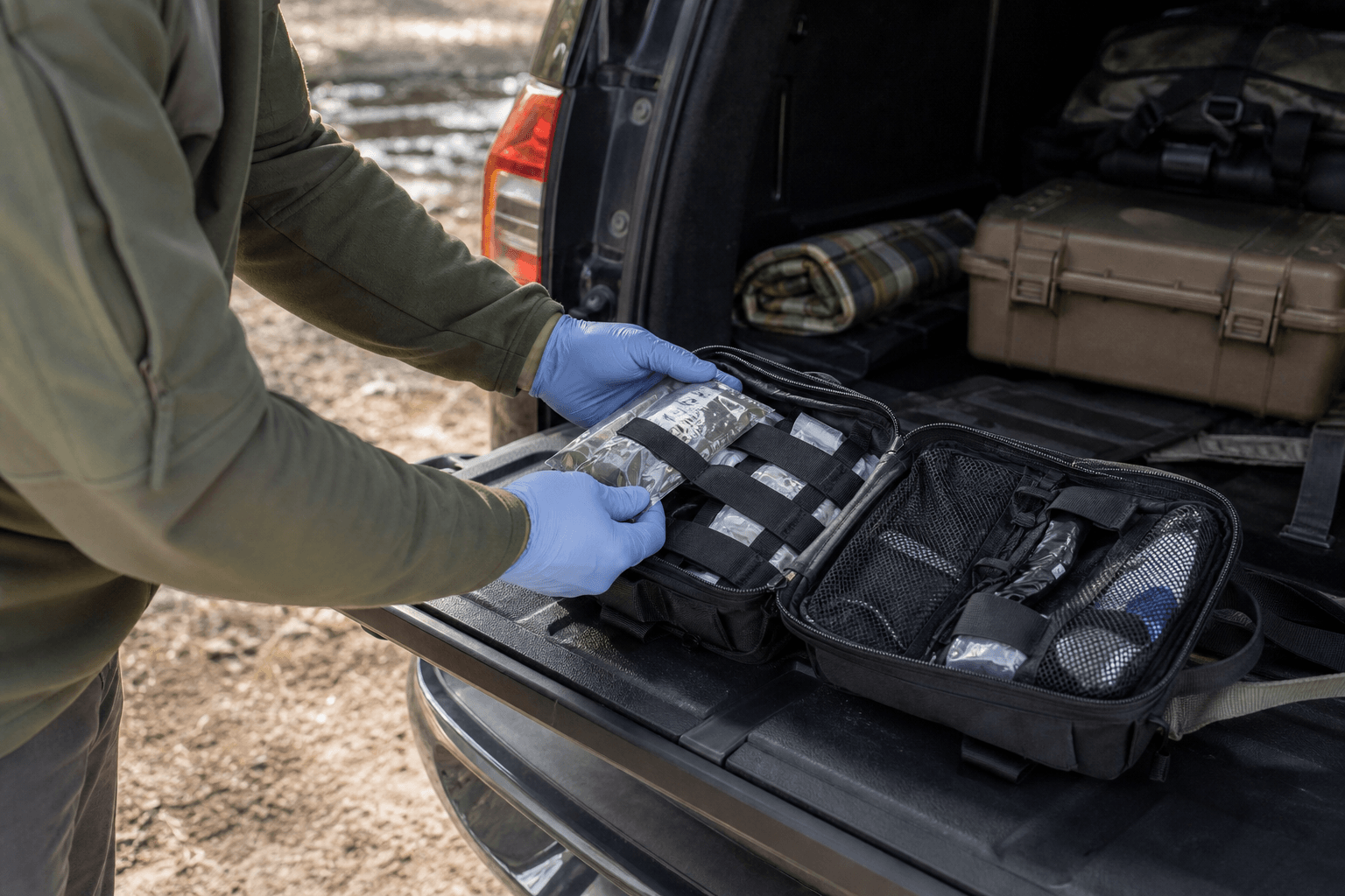 Vehicle owner inspecting a trauma kit before a road trip to confirm it is complete and ready.