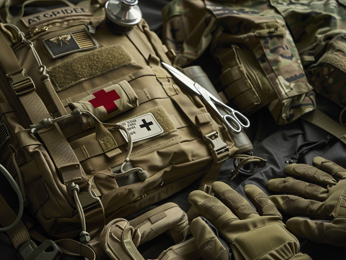 Close-up of CAT tourniquet and tactical gloves on gear