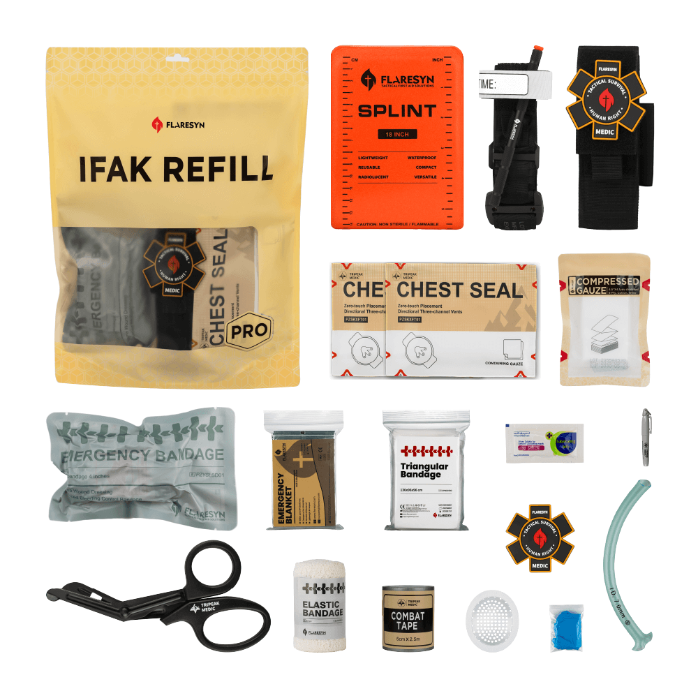 FlareSyn IFAK Refill Kit B - w/ Metal Tourniquet - Tactical MOLLE Mounting Scenario