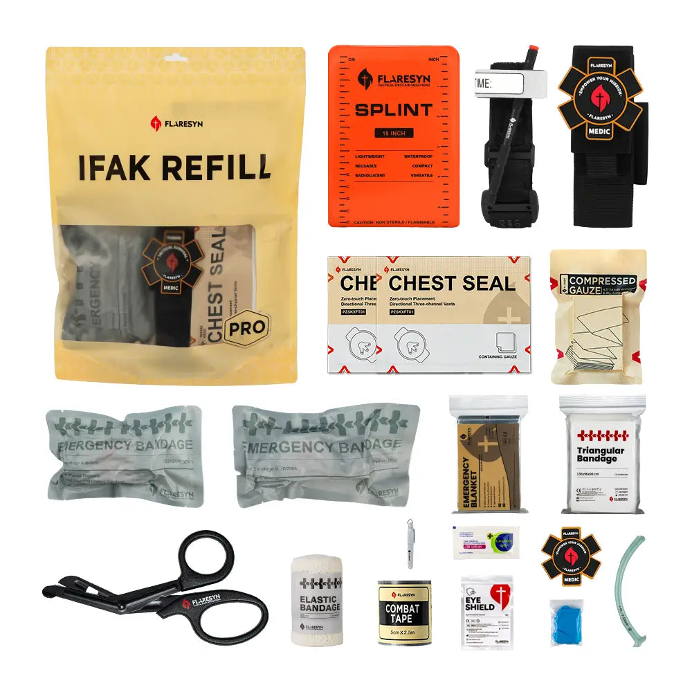 FlareSyn IFAK Refill Kit B - w/ Metal Tourniquet - Tactical MOLLE Mounting Scenario