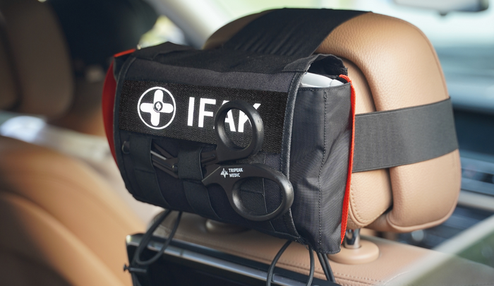 FlareSyn trauma kits including Vehicle, SE IFAK, and EDC pouches for rapid bleeding control in cars, outdoor trips, and daily carry