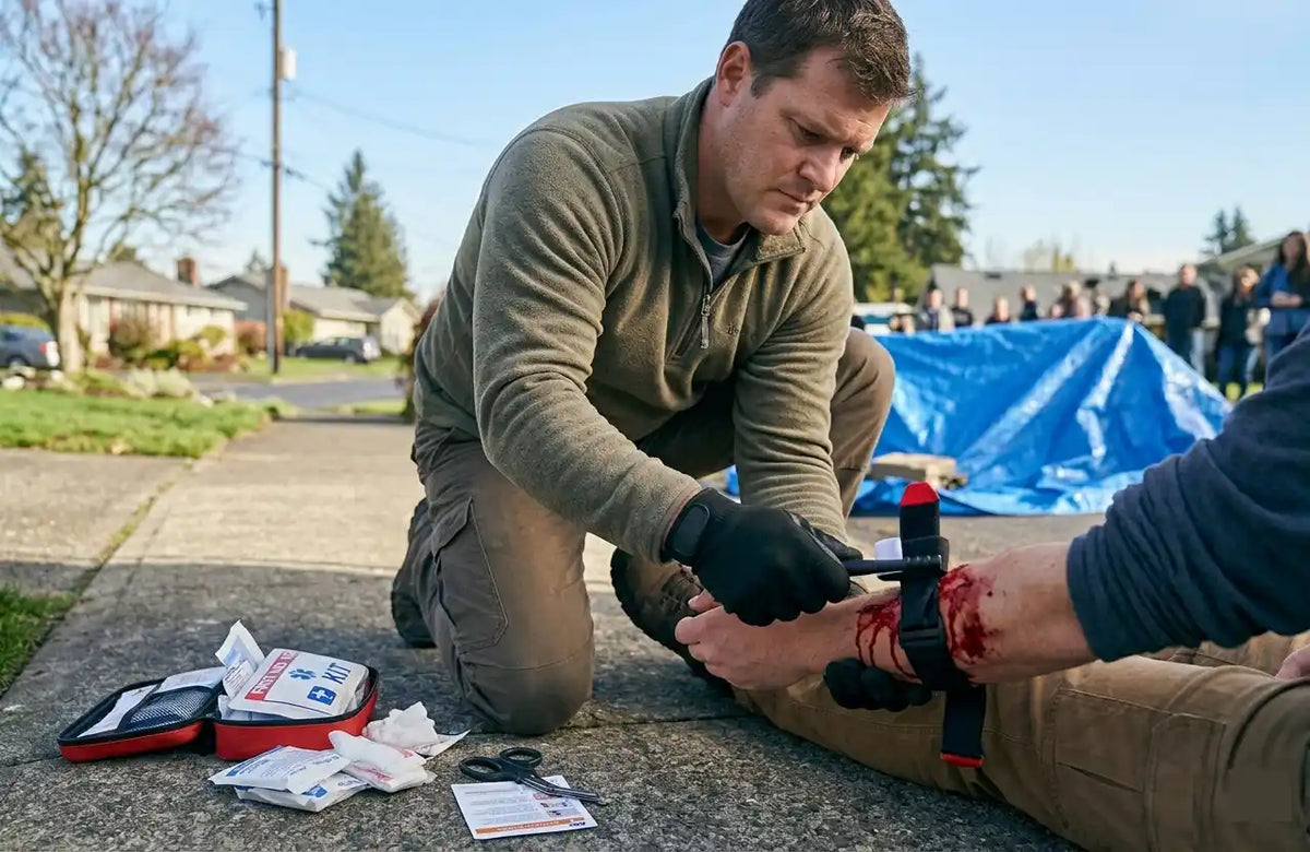 Hands applying a CAT windlass tourniquet to a training dummy on a mat during a tourniquet training session