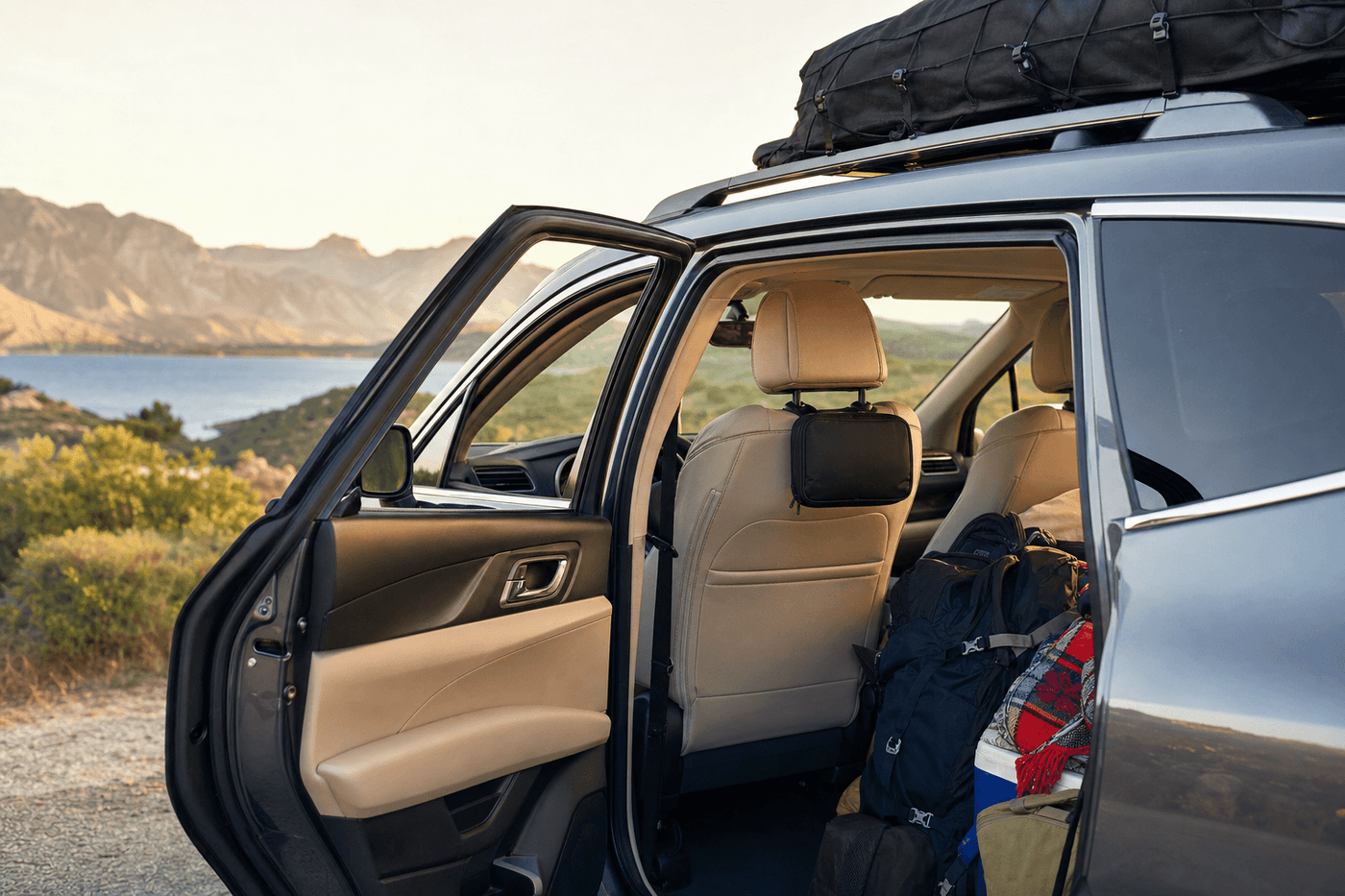 Prepared SUV for a summer road trip with a vehicle trauma kit stored for fast access.