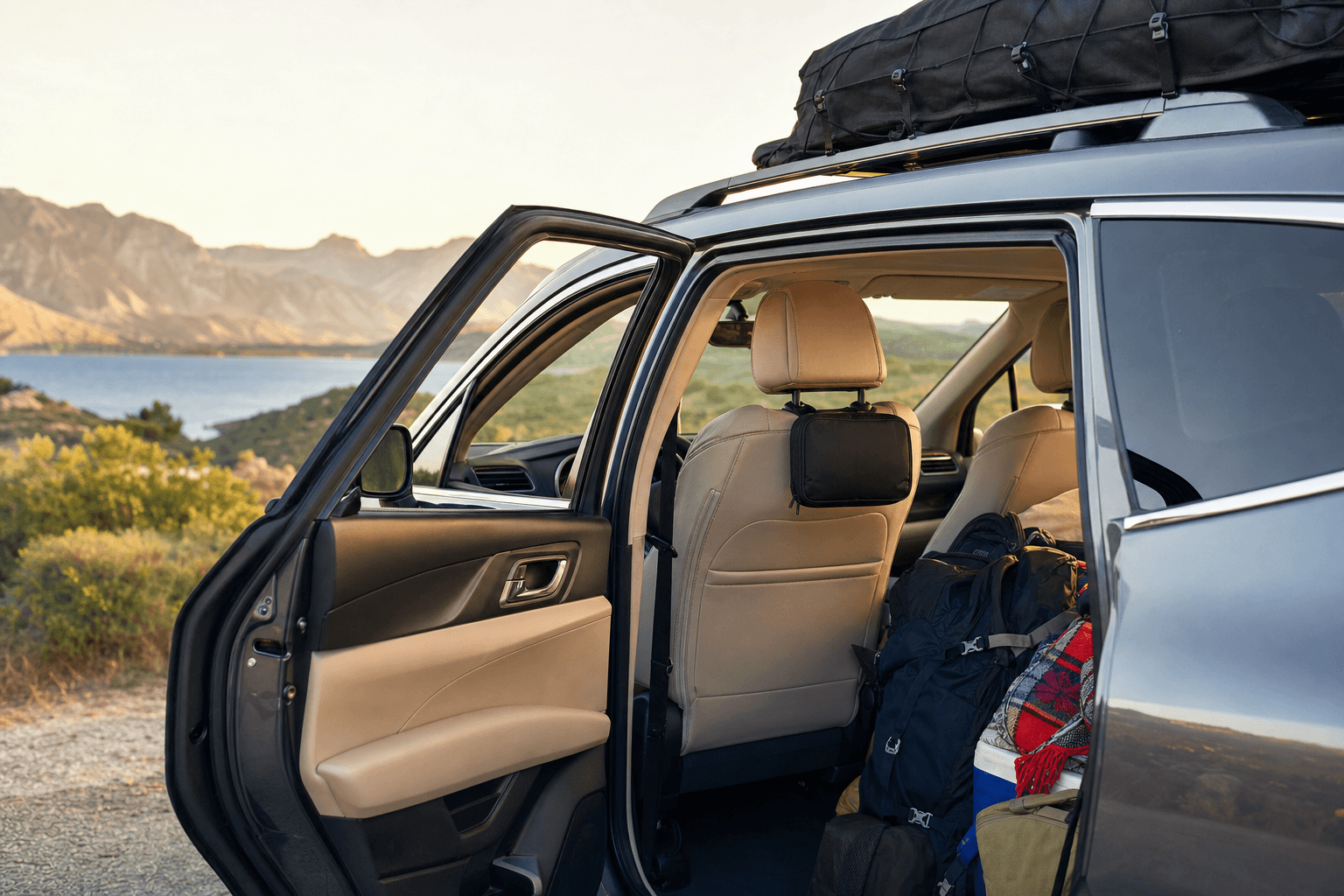 Prepared SUV for a summer road trip with a vehicle trauma kit stored for fast access.
