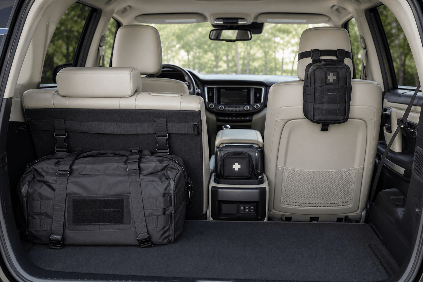 Car first aid kit and vehicle trauma kit shown side by side inside an organized vehicle.