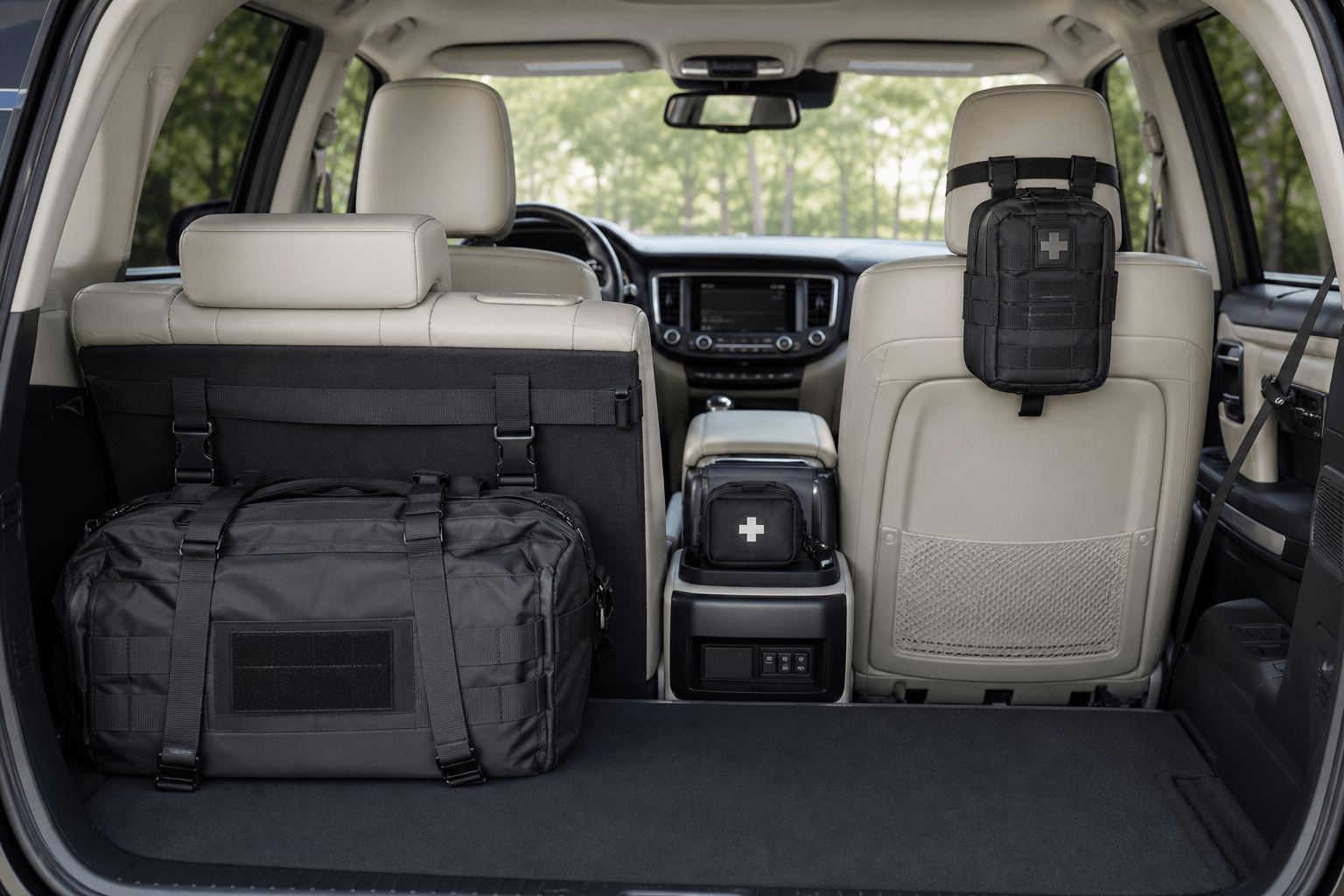 Car first aid kit and vehicle trauma kit shown side by side inside an organized vehicle.